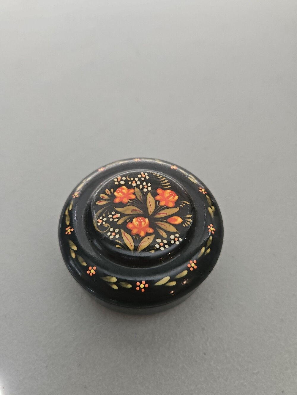 Hand-Painted Black Floral Accent Trinket Box - Orange Flower Design
